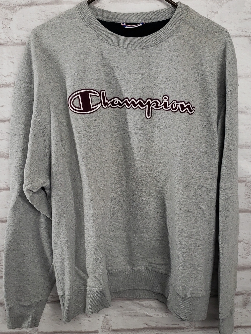 Champion Grey Crewneck Sweatshirt with Burgundy Script Logo XLarge.